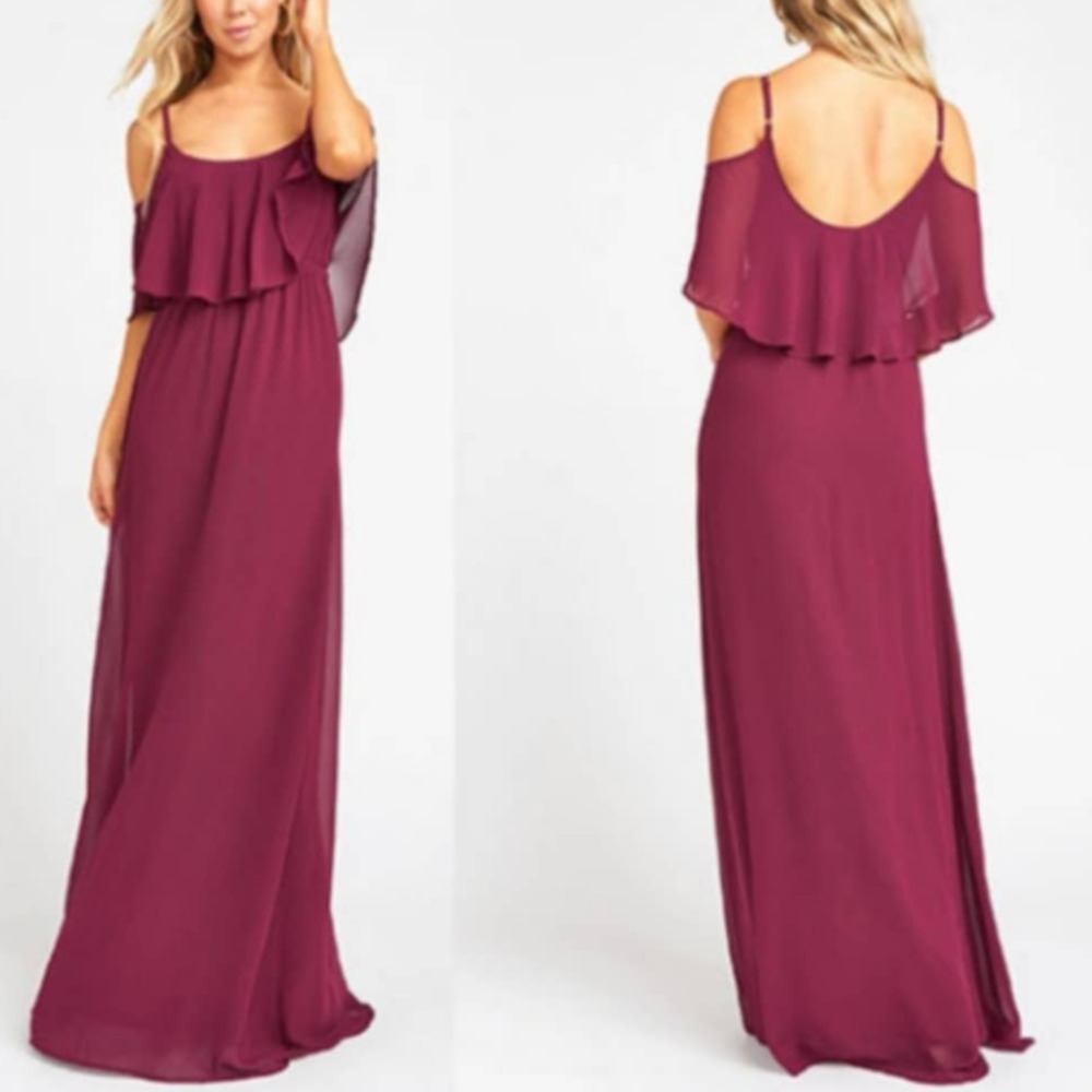 Show Me Your Mumu Caitlin Ruffle Chiffon Maxi Dress XS NWT Merlot Chiffon Purple